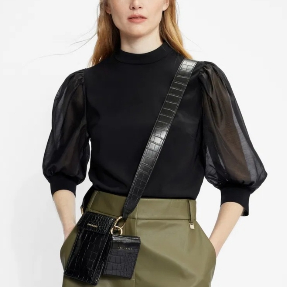 Size 0 - Ted Baker London Micaeli Organza Puff 3/4 Sleeve Mock Neck Knit Top